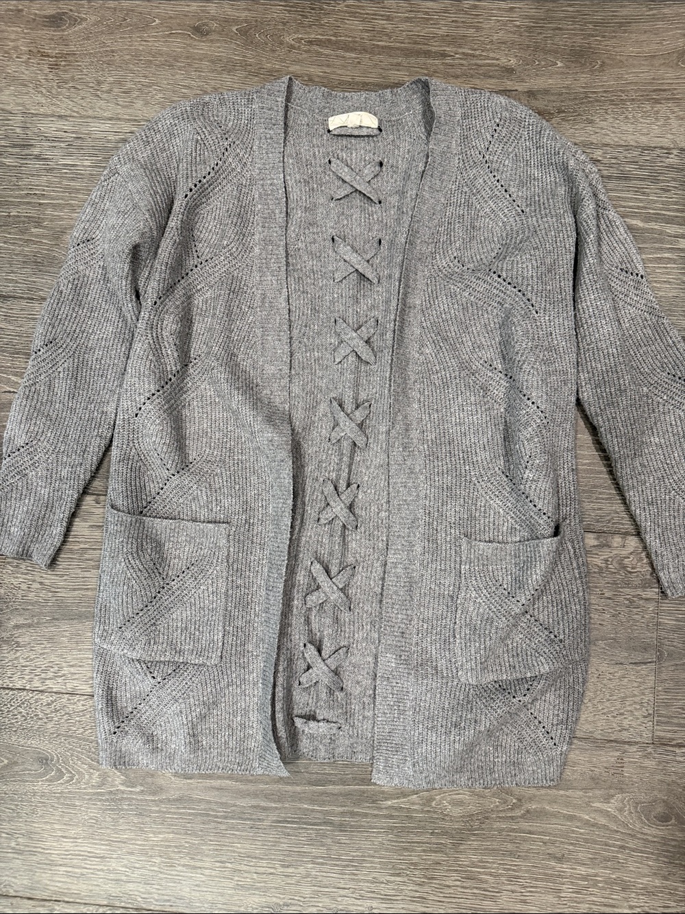 Gray Open-Front Knit Cardigan with Lace-Up